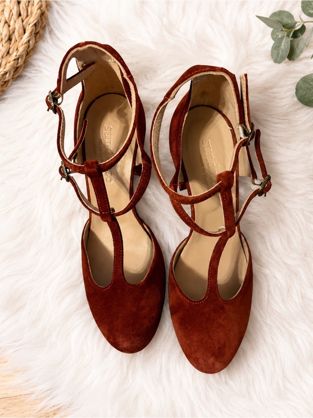 Sundance Suede T-Strap Ankle Strap Pumps in Rust Size 6 EUC